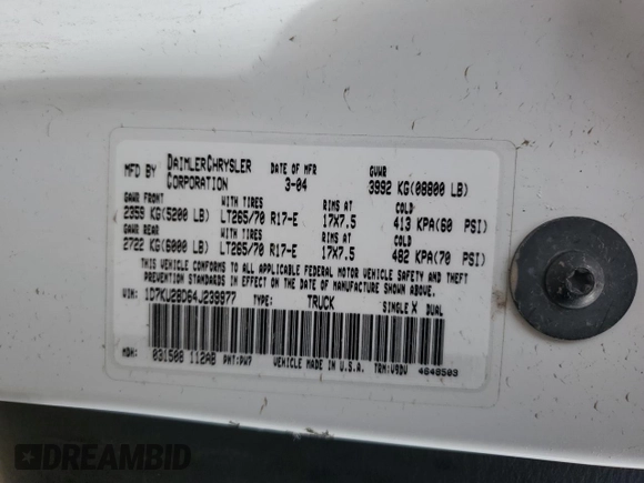 2004 Dodge 2500 SLT with VIN 1D7KU28D64J239977, listed as a Copart auction lot 55588045 with Not Provided miles and Clean Title. Bid and sale history available at DreamBid. Image 12.
