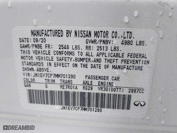 2021 Infiniti Q50 3.0t SENSORY with VIN JN1EV7CP7MM701290, listed as a IAAI auction lot 40932699 with 44,370 mi miles. Bid and sale history available at carsss.com. Image 9.