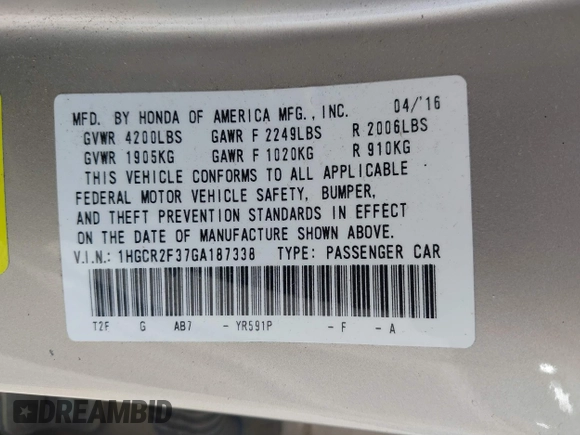 2016 Honda Accord Sedan LX with VIN 1HGCR2F37GA187338, listed as a IAAI auction lot 41989641 with 57,698 mi miles. Bid and sale history available at carsss.com. Image 9.