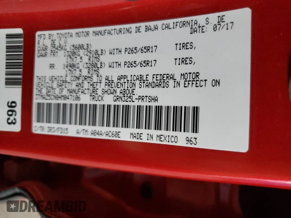 2017 Toyota Tacoma SR5 with VIN 3TMAZ5CN8HM047106, listed as a Copart auction lot 51831705 with 44,720 mi miles and Salvage Title. Bid and sale history available at DreamBid. Image 12.