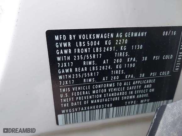2017 Volkswagen Tiguan Wolfsburg Edition with VIN WVGSV7AX6HK003768, listed as a IAAI auction lot 41137411 with 117,862 mi miles. Bid and sale history available at carsss.com. Image 9.