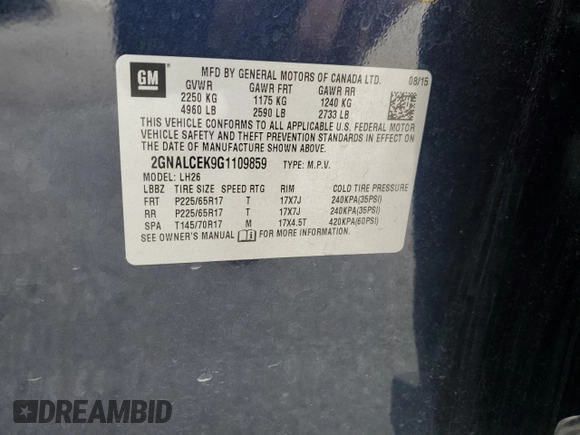 2016 Chevrolet Equinox LT with VIN 2GNALCEK9G1109859, listed as a Copart auction lot 51481135 with 126,435 mi miles and Salvage Title. Bid and sale history available at carsss.com. Image 15.