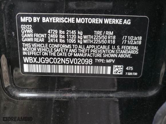 2022 BMW X1 xDrive28i with VIN WBXJG9C02N5V02098, listed as a Copart auction lot 43597365 with 33,590 mi miles and Salvage Title. Bid and sale history available at carsss.com. Image 13.