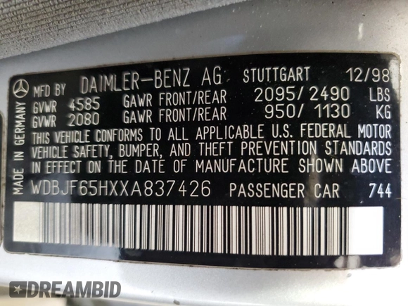 1999 Mercedes-Benz E 320 z VIN WDBJF65HXXA837426, wystawiony jako Copart lot #51084325 z przebiegiem Nie podano mil oraz Szkoda całkowita • Salvage title. Historia ofert i sprzedaży dostępna na DreamBid. Obrazek 14.