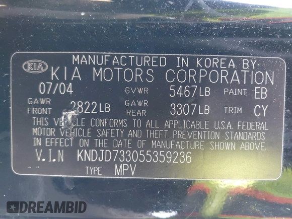 2005 Kia Sorento LX with VIN KNDJD733055359236, listed as a IAAI auction lot 41681533 with 204,755 mi miles. Bid and sale history available at carsss.com. Image 9.