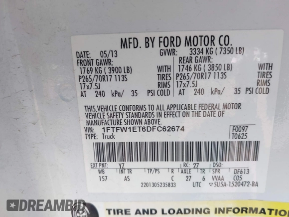 2013 Ford F-150 XL with VIN 1FTFW1ET6DFC62674, listed as a IAAI auction lot 41623481 with 130,246 mi miles and . Bid and sale history available at DreamBid. Image 9.
