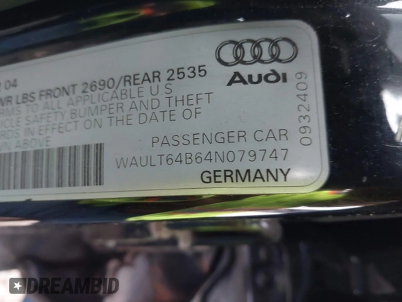 2004 Audi A6 3.0L with VIN WAULT64B64N079747, listed as a IAAI auction lot 41346752 with 135,169 mi miles. Bid and sale history available at carsss.com. Image 9.