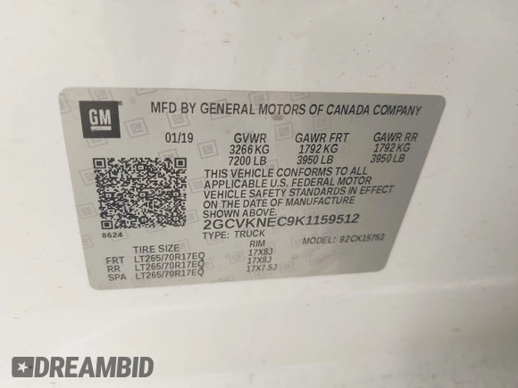 2019 Chevrolet Silverado 1500 Work Truck with VIN 2GCVKNEC9K1159512, listed as a IAAI auction lot 42221342 with 64,260 mi miles and . Bid and sale history available at DreamBid. Image 9.