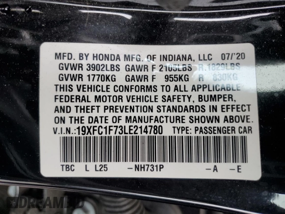 2020 Honda Civic Sedan EX-L with VIN 19XFC1F73LE214780, listed as a Copart auction lot 51252205 with Not Provided miles and Salvage Title. Bid and sale history available at carsss.com. Image 13.