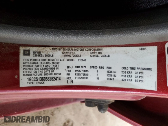 2005 Chevrolet Colorado 1SB LS Z85 with VIN 1GCCS136058262414, listed as a Copart auction lot 46925915 with 182,571 mi miles and Salvage Title. Bid and sale history available at carsss.com. Image 12.