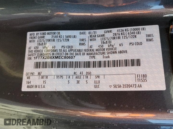 2021 Ford Super Duty F-250 SRW XL with VIN 1FT7X2B6XMEC80607, listed as a Copart auction lot 76134304 with 57,912 mi miles and Salvage Title. Bid and sale history available at carsss.com. Image 13.