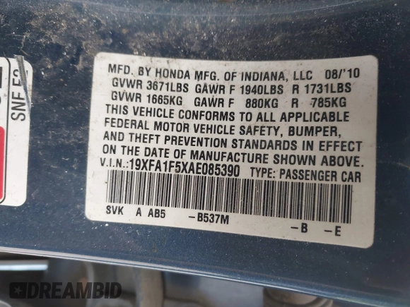 2010 Honda Civic LX with VIN 19XFA1F5XAE085390, listed as a IAAI auction lot 42250417 with 140,257 mi miles and . Bid and sale history available at DreamBid. Image 9.