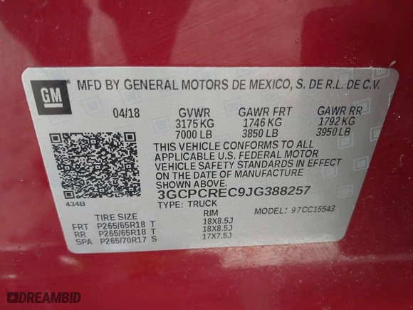 2018 Chevrolet Silverado 1500 LT with VIN 3GCPCREC9JG388257, listed as a IAAI auction lot 41824534 with 96,954 mi miles. Bid and sale history available at carsss.com. Image 9.