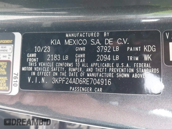 2024 Kia Forte LXS with VIN 3KPF24AD6RE704916, listed as a IAAI auction lot 39632255 with 5,219 mi miles. Bid and sale history available at carsss.com. Image 9.
