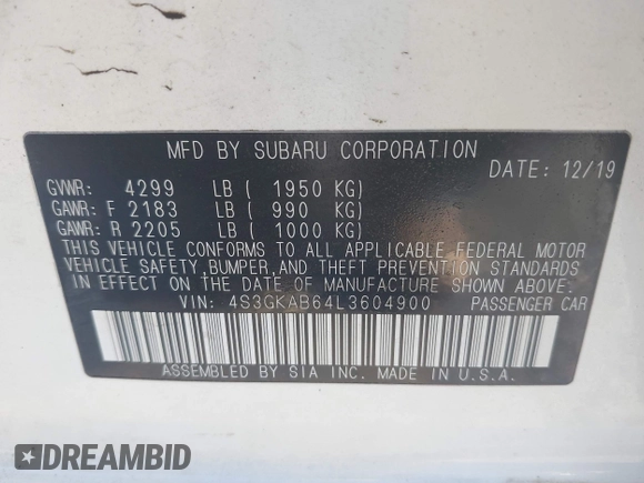 2020 Subaru Impreza with VIN 4S3GKAB64L3604900, listed as a IAAI auction lot 41652056 with 39,656 mi miles and . Bid and sale history available at DreamBid. Image 9.