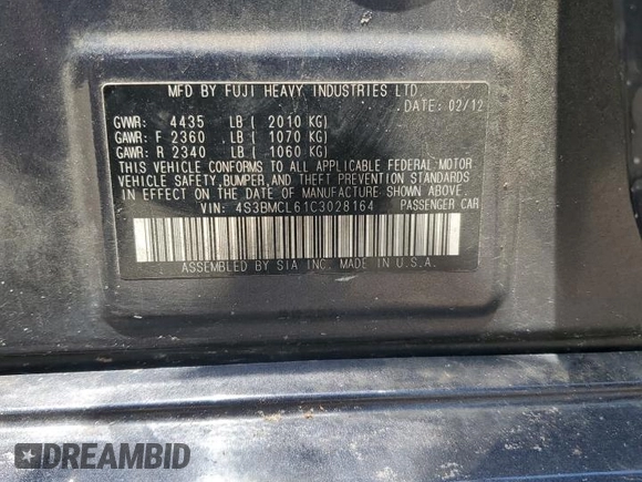 2012 Subaru Legacy Limited with VIN 4S3BMCL61C3028164, listed as a Copart auction lot 57592415 with 152,356 mi miles and Salvage title. Bid and sale history available at DreamBid. Image 13.
