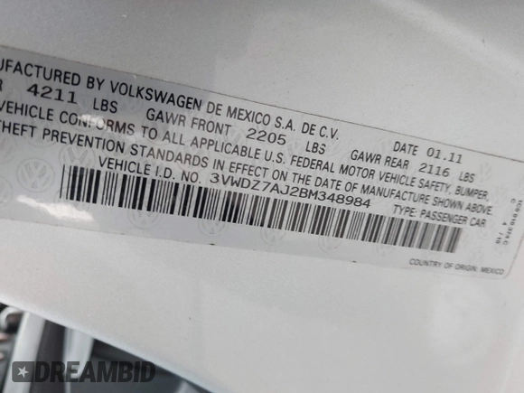 2011 Volkswagen Jetta SE с VIN 3VWDZ7AJ2BM348984, выставлен на аукционе IAAI как лот 42503246 с пробегом 77 392 миль миль и . История ставок и продаж доступна на DreamBid. Изображение 9.