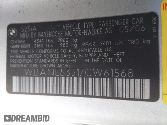 2007 BMW 5 Series 525i z VIN WBANE53517C661568, wystawiony jako IAAI lot #41560607 z przebiegiem Nie podano mil oraz . Historia ofert i sprzedaży dostępna na DreamBid. Obrazek 9.
