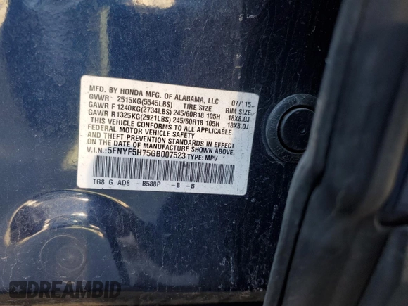 2016 Honda Pilot EX-L with VIN 5FNYF5H75GB007523, listed as a Copart auction lot 43177755 with 110,851 mi miles and Salvage Title. Bid and sale history available at DreamBid. Image 16.