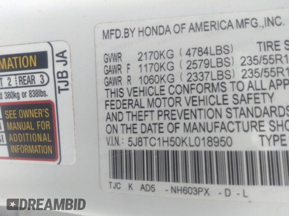 2019 Acura RDX Technology с VIN 5J8TC1H50KL018950, выставлен на аукционе IAAI как лот 40473176 с пробегом 111 148 миль миль и . История ставок и продаж доступна на DreamBid. Изображение 9.