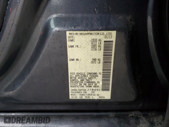2013 Nissan Altima S with VIN 1N4AL3AP5DC278492, listed as a Copart auction lot 50231665 with 158,785 mi miles and Salvage Title. Bid and sale history available at carsss.com. Image 12.