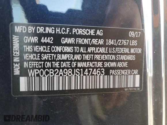 2018 Porsche 911 Carrera S with VIN WP0CB2A98JS147463, listed as a Copart auction lot 57485085 with Not provided miles and Salvage title. Bid and sale history available at DreamBid. Image 12.