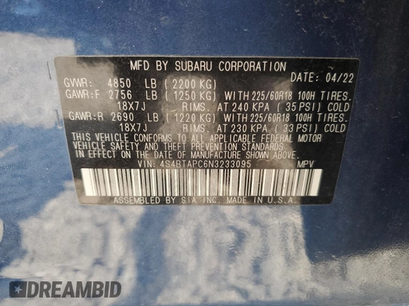 2022 Subaru Outback Touring with VIN 4S4BTAPC6N3233095, listed as a Copart auction lot 60790595 with 35,708 mi miles and Salvage title. Bid and sale history available at DreamBid. Image 14.