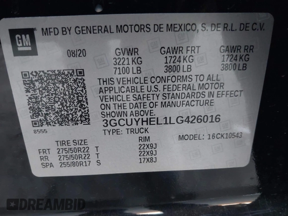 2020 Chevrolet Silverado 1500 High Country with VIN 3GCUYHEL1LG426016, listed as a IAAI auction lot 40962860 with 1 mi miles. Bid and sale history available at carsss.com. Image 9.