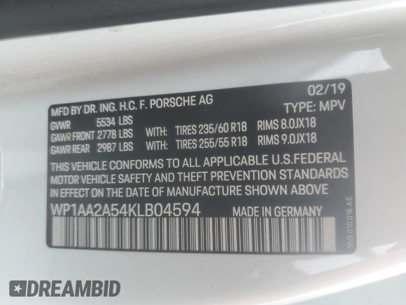 2019 Porsche Macan with VIN WP1AA2A54KLB04594, listed as a Copart auction lot 57502195 with 43,681 mi miles and Salvage title. Bid and sale history available at DreamBid. Image 13.