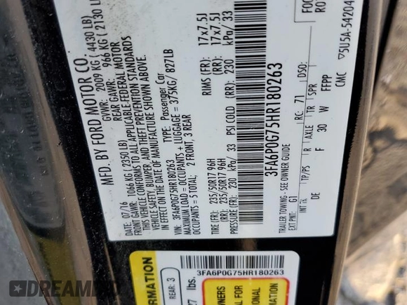 2017 Ford Fusion S with VIN 3FA6P0G75HR180263, listed as a Copart auction lot 43264345 with 105,020 mi miles and Salvage Title. Bid and sale history available at DreamBid. Image 14.