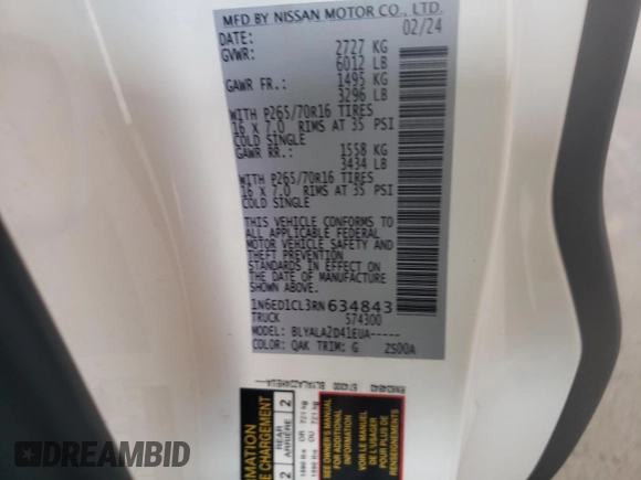 2024 Nissan Frontier S with VIN 1N6ED1CL3RN634843, listed as a Copart auction lot 52193574 with 10 mi miles and Salvage title. Bid and sale history available at DreamBid. Image 13.