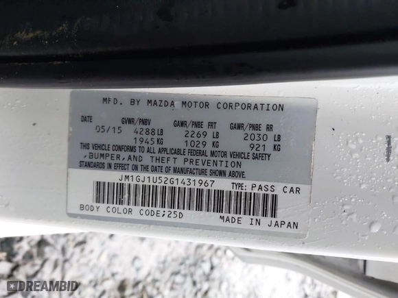 2016 Mazda Mazda6 i Sport with VIN JM1GJ1U52G1431967, listed as a IAAI auction lot 41602804 with 130,579 mi miles. Bid and sale history available at carsss.com. Image 9.