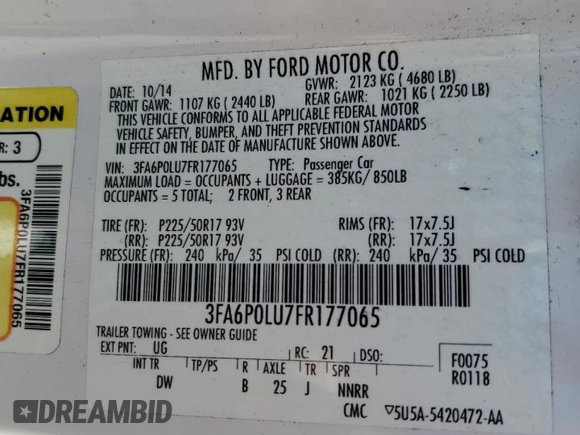 2015 Ford Fusion SE Hybrid with VIN 3FA6P0LU7FR177065, listed as a Copart auction lot 53750715 with 174,815 mi miles and Salvage Title. Bid and sale history available at DreamBid. Image 12.