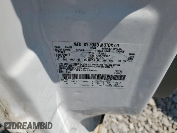 2007 Ford F-150 XL with VIN 1FTRF122X7NA79460, listed as a Copart auction lot 59320315 with 190,435 mi miles and Salvage title. Bid and sale history available at DreamBid. Image 12.