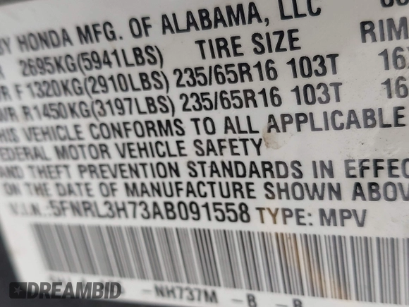 2010 Honda Odyssey EX-L с VIN 5FNRL3H73AB091558, выставлен на аукционе IAAI как лот 42350621 с пробегом 179 831 миль миль и . История ставок и продаж доступна на DreamBid. Изображение 9.