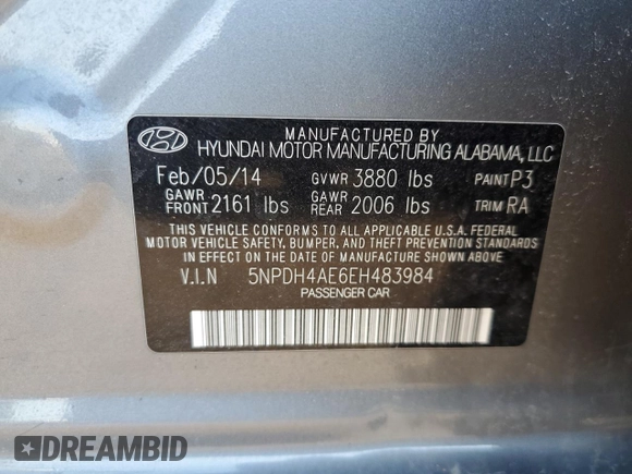 2014 Hyundai Elantra SE with VIN 5NPDH4AE6EH483984, listed as a Copart auction lot 48506655 with 69,829 mi miles and Salvage title. Bid and sale history available at DreamBid. Image 12.
