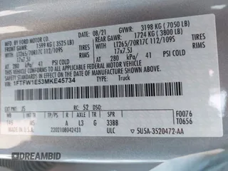 2021 Ford F-150 XL with VIN 1FTFW1E53MKE45734, listed as a IAAI auction lot 41984643 with 47,403 mi miles. Bid and sale history available at carsss.com. Image 9.