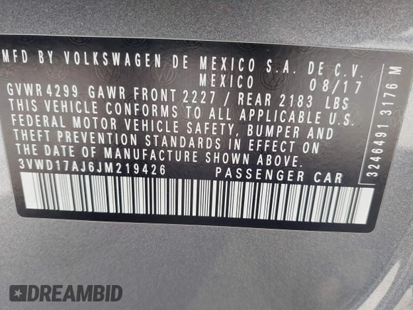 2018 Volkswagen Jetta SE Sport with VIN 3VWD17AJ6JM219426, listed as a IAAI auction lot 41681065 with 70,042 mi miles and . Bid and sale history available at DreamBid. Image 9.