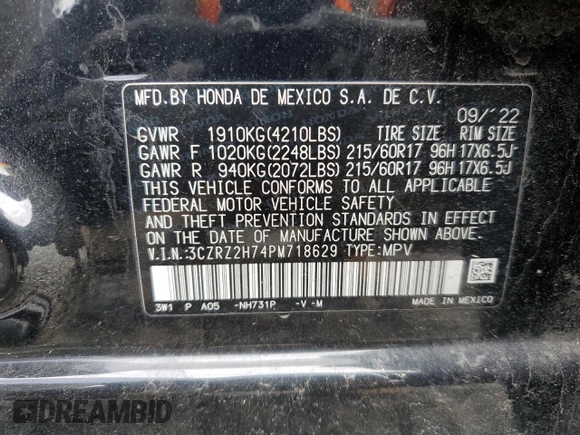 2023 Honda HR-V EX-L with VIN 3CZRZ2H74PM718629, listed as a Copart auction lot 52628595 with 104,108 mi miles and Salvage title. Bid and sale history available at DreamBid. Image 13.