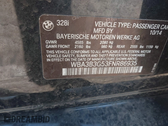 2015 BMW 3 Series 328i xDrive with VIN WBA3B3G53FNR86935, listed as a IAAI auction lot 41795869 with 69,589 mi miles and . Bid and sale history available at DreamBid. Image 9.