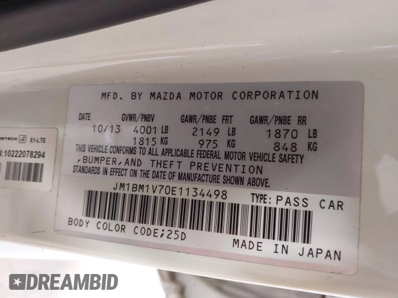 2014 Mazda 3 i Touring with VIN JM1BM1V70E1134498, listed as a IAAI auction lot 42495912 with 116,770 mi miles and . Bid and sale history available at DreamBid. Image 9.