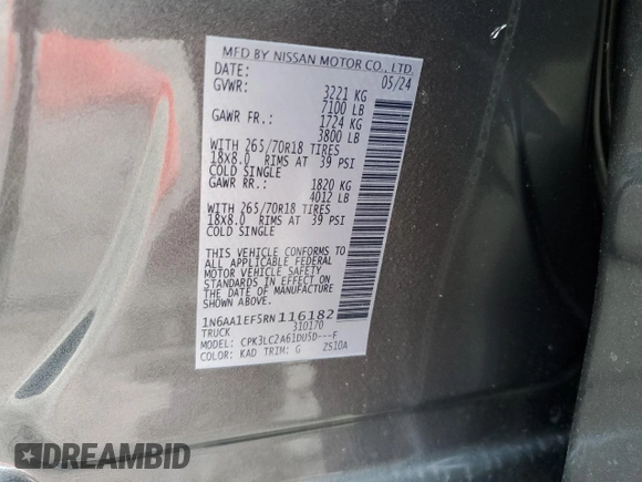 2024 Nissan Titan SV with VIN 1N6AA1EF5RN116182, listed as a Copart auction lot 59593725 with 14,201 mi miles and Salvage title. Bid and sale history available at DreamBid. Image 12.