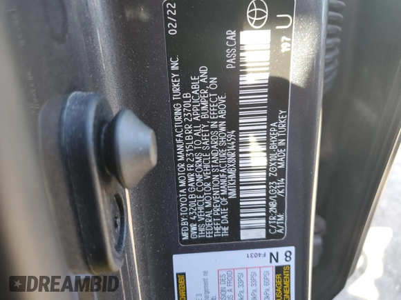 2022 Toyota C-HR XLE with VIN NMTKHMBX8NR144594, listed as a Copart auction lot 45763775 with 37,868 mi miles and Salvage Title. Bid and sale history available at carsss.com. Image 13.