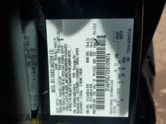 2013 Ford Fusion S with VIN 3FA6P0G7XDR109876, listed as a Copart auction lot 51939695 with 0 mi miles and Salvage Title. Bid and sale history available at carsss.com. Image 14.