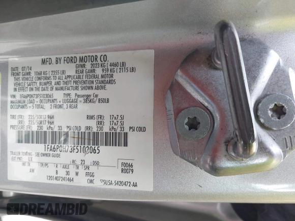 2015 Ford Fusion SE with VIN 1FA6P0H73F5103065, listed as a IAAI auction lot 41823504 with 120,056 mi miles. Bid and sale history available at carsss.com. Image 9.