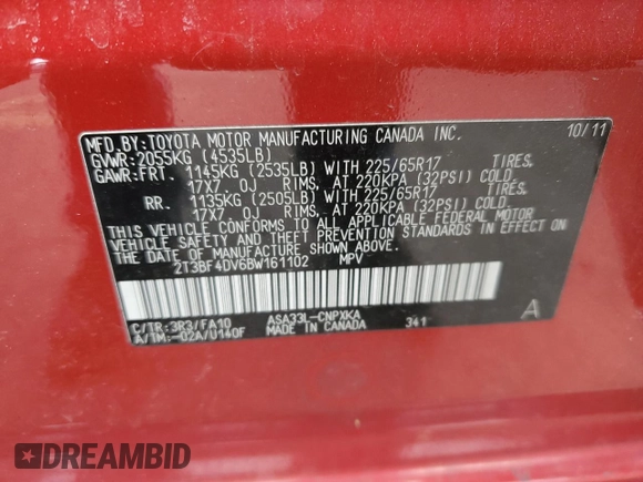 2011 Toyota RAV4 with VIN 2T3BF4DV6BW161102, listed as a Copart auction lot 51830875 with 131,762 mi miles and Salvage Title. Bid and sale history available at DreamBid. Image 14.