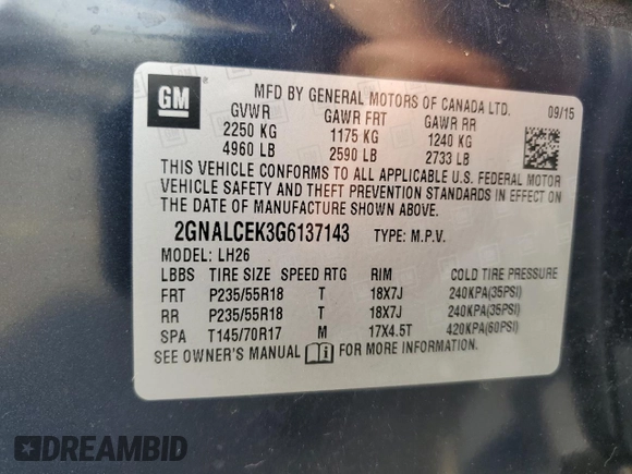 2016 Chevrolet Equinox LT z VIN 2GNALCEK3G6137143, wystawiony jako Copart lot #59099065 z przebiegiem 95 508 mil mil oraz Szkoda całkowita • Salvage title. Historia ofert i sprzedaży dostępna na DreamBid. Obrazek 12.