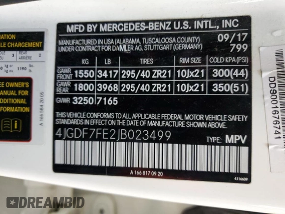 2018 Mercedes-Benz GLS with VIN 4JGDF7FE2JB023499, listed as a Copart auction lot 44105595 with 85,925 mi miles and Salvage Title. Bid and sale history available at carsss.com. Image 13.