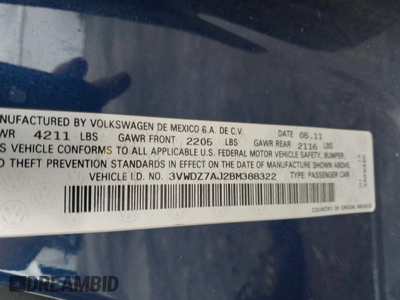2011 Volkswagen Jetta SE z VIN 3VWDZ7AJ2BM388322, wystawiony jako IAAI lot #42772120 z przebiegiem 240 415 mil mil oraz . Historia ofert i sprzedaży dostępna na DreamBid. Obrazek 9.