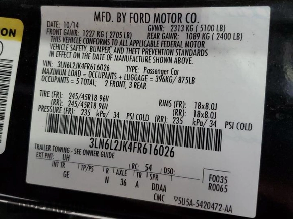 2015 Lincoln MKZ with VIN 3LN6L2JK4FR616026, listed as a Copart auction lot 51848355 with 207,855 mi miles and Clean title. Bid and sale history available at DreamBid. Image 12.